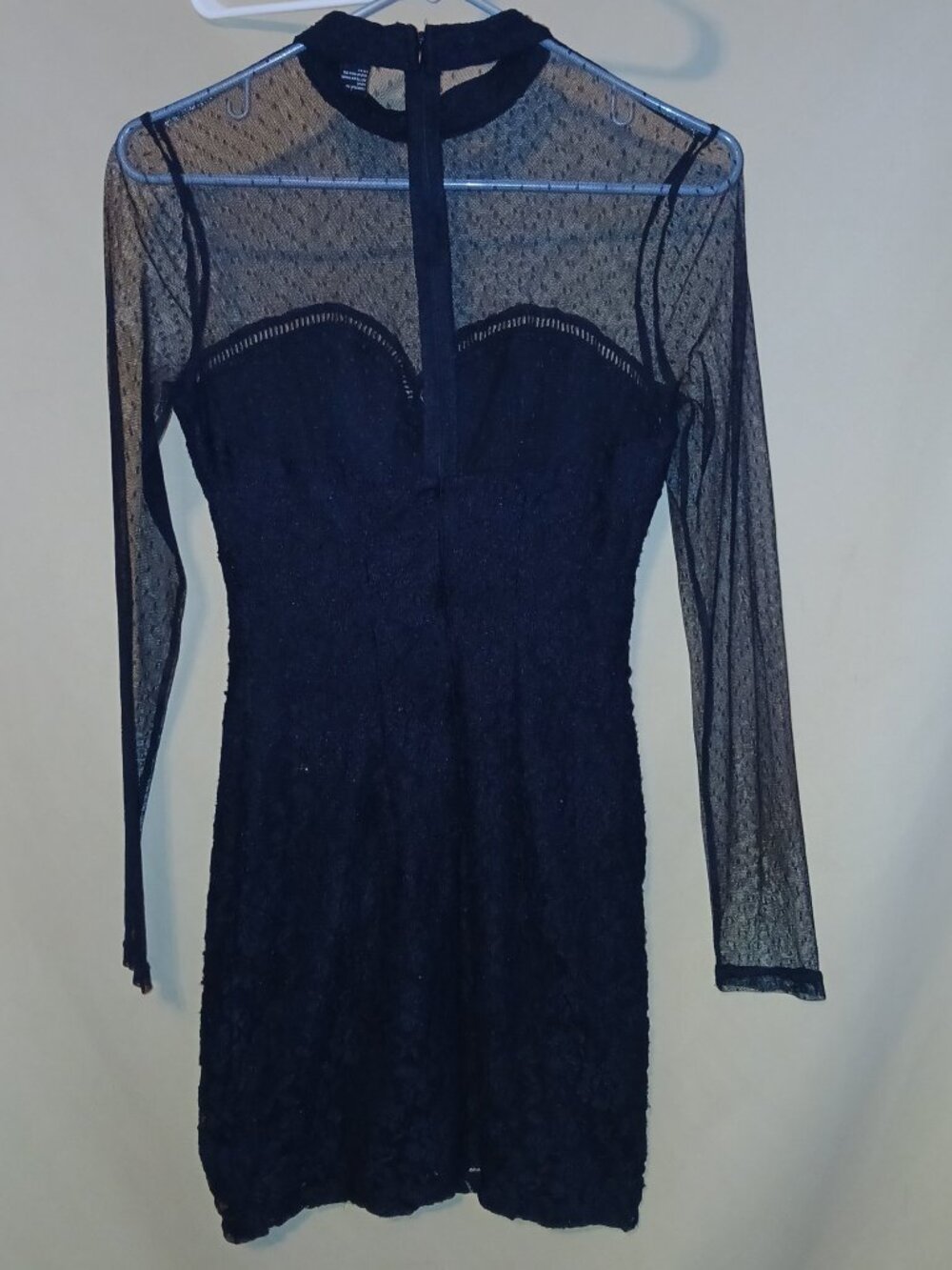 Forever 21 Black Lace Mini Dress Size M — Sheer Mesh Long Sleeves, Sweetheart Bu